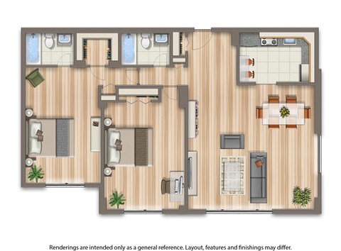 Floor plan for 2 beds, 2 baths, 1234 sqft
